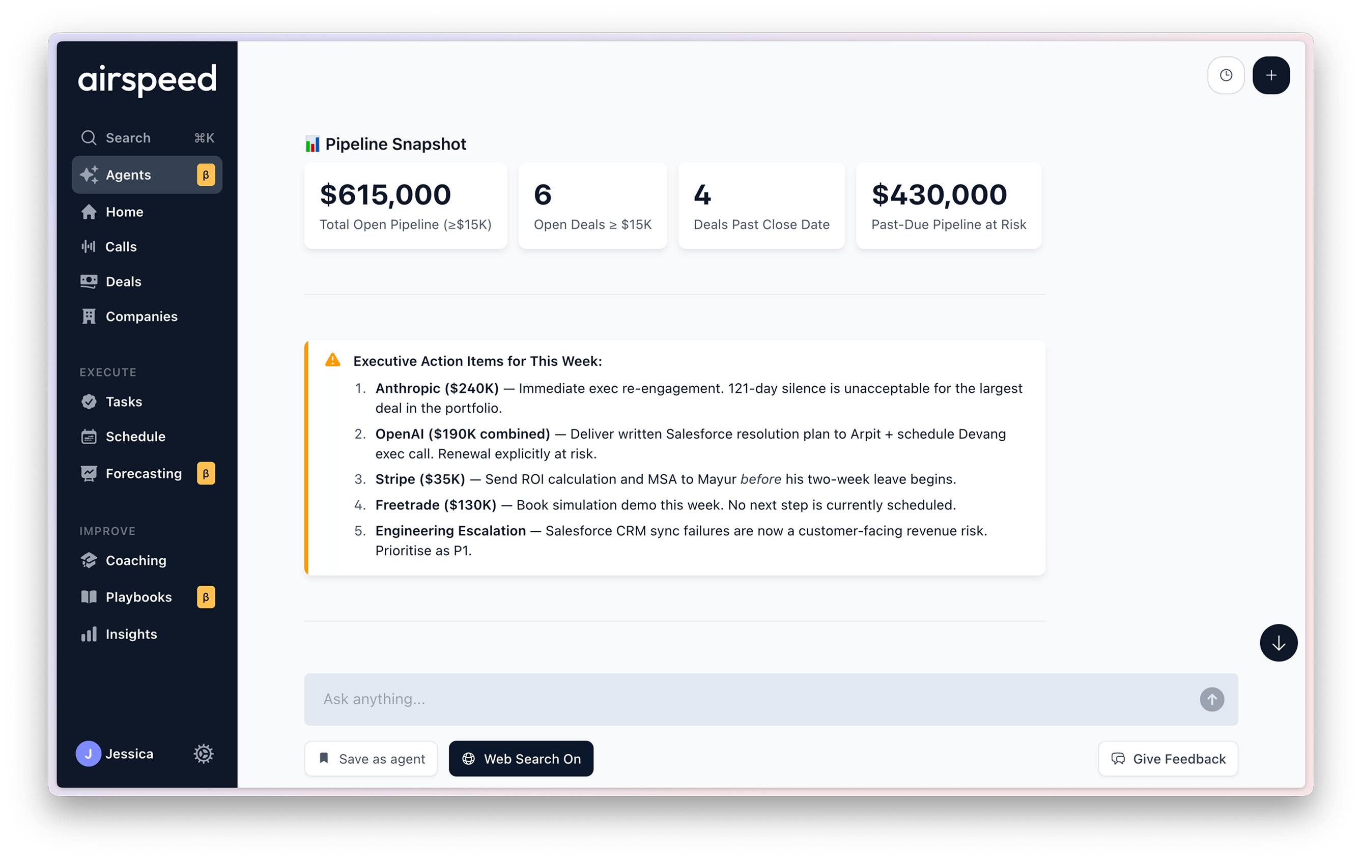 The Airspeed app showing a pipeline snapshot, this week's executive action items, and the ask-anything bar