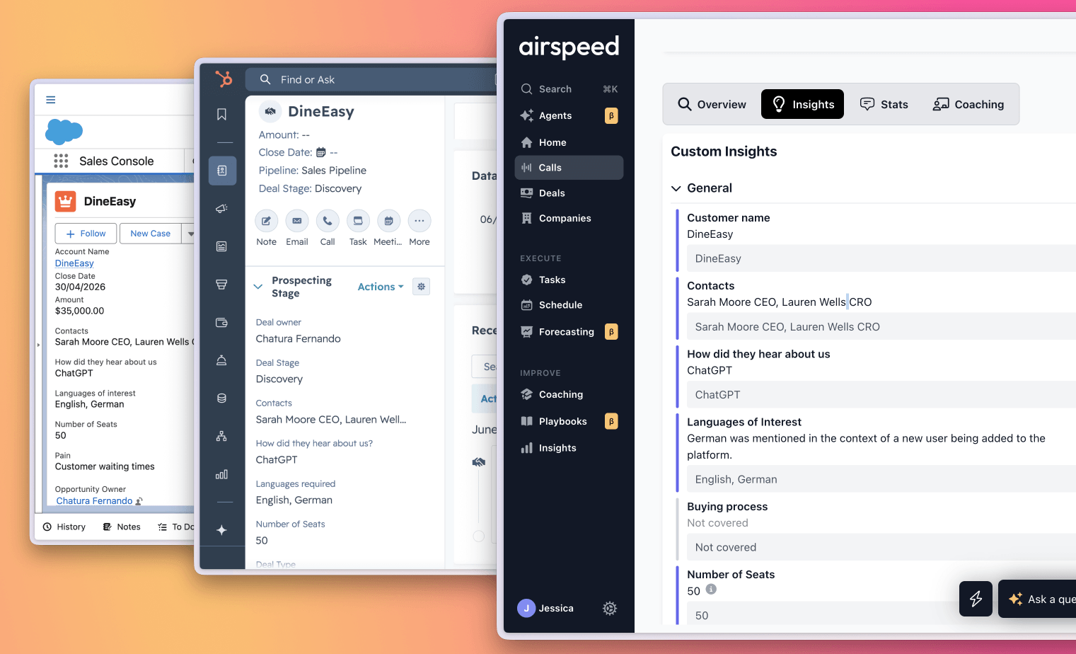 Airspeed extracting call insights and syncing the right fields into Salesforce and HubSpot after every call